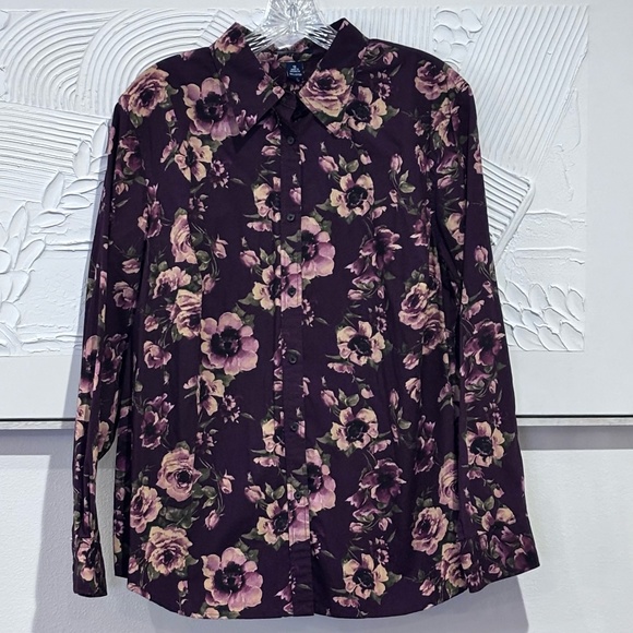 Chaps Women's Long Sleeve SZ 1X Plum Floral Button Top Shirt Blouse 100% Cotton - Picture 1 of 13